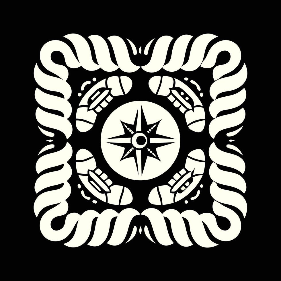 A compass rose surrounded by four stylized spaceships inside a square frame made of twisted rope, on a black background vector