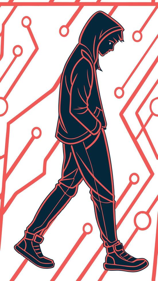 A black man, with short black hair, wearing a jacket and Walking in a white background with red lines Red circuit vector