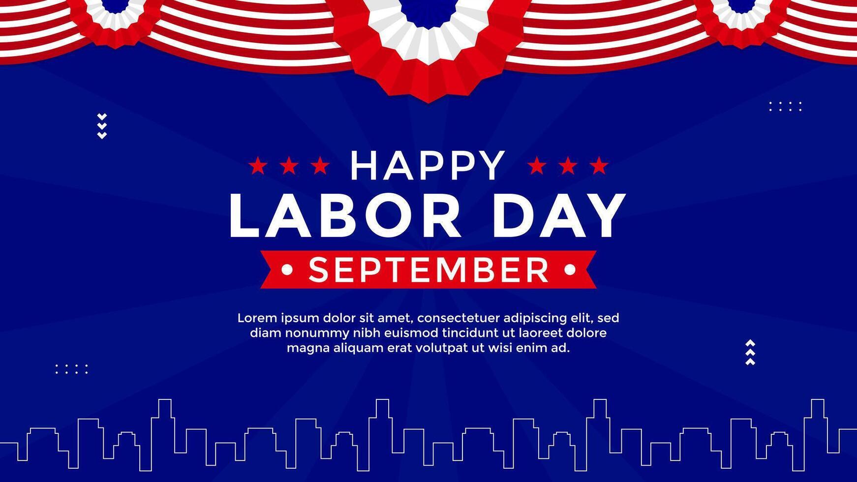 Happy Labor Day greeting. America Labor Day with USA flag and city outline on blue background vector
