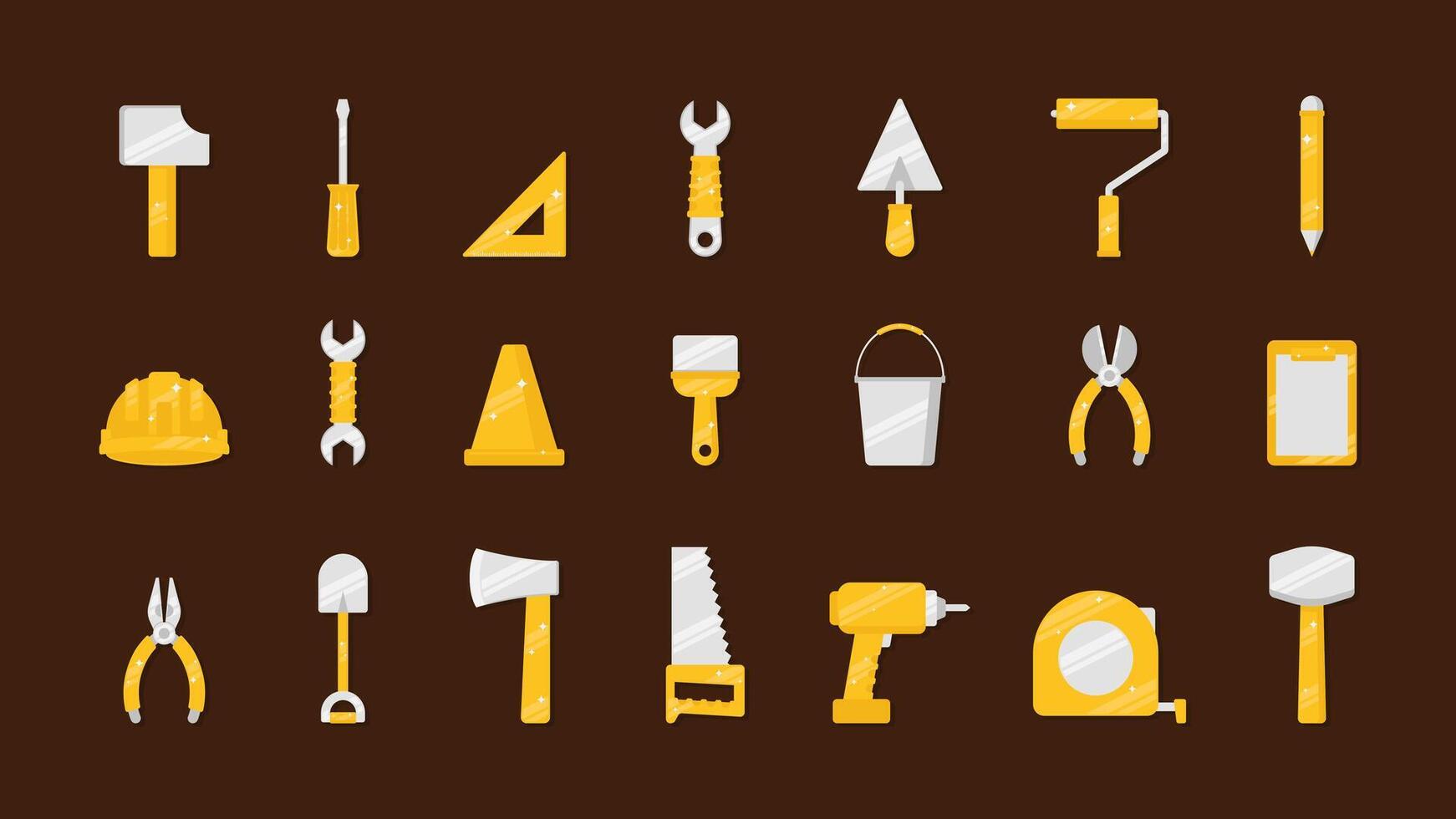 Tools icon flat illustration set. Tools illustration collection with yellow and white color on brown background vector