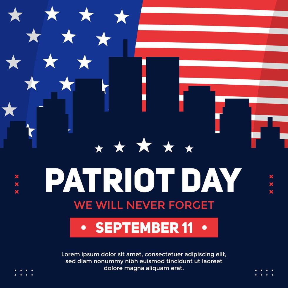 Patriot Day greeting template on silhouette of a city with twin tower and American flag behind it. Patriot Day celebrates on September 11 vector