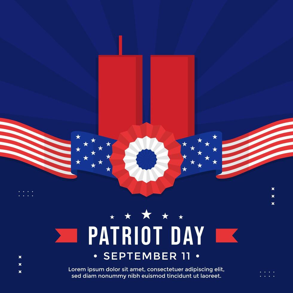 Patriot Day greeting background with red twin tower and American flag on blue background suitable for social media post vector