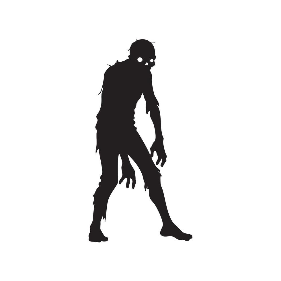 Creepy zombie silhouette with glowing eyes walking slowly isolated on white background silhouette vector