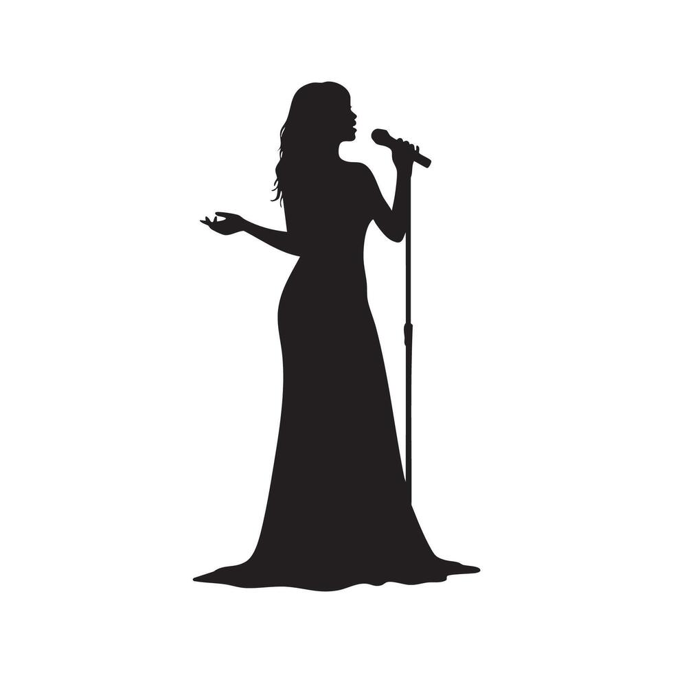 Woman singing into microphone silhouette isolated on white background vector