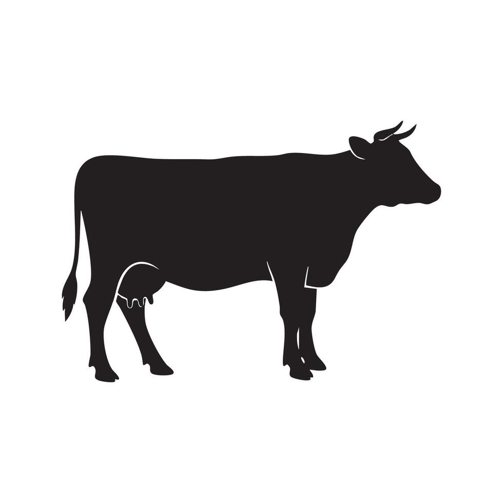 Black silhouette of a dairy cow with udder and horns isolated on white background silhouette vector