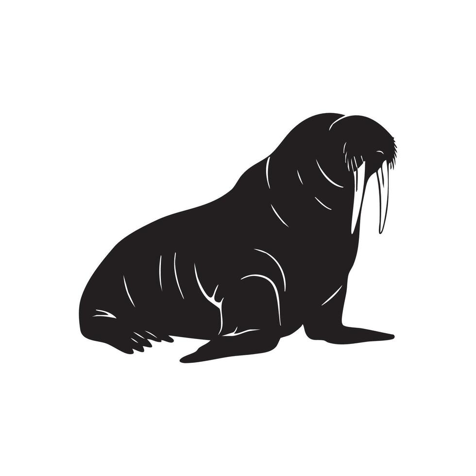 Black silhouette of a walrus with tusks and whiskers isolated on white background silhouette vector