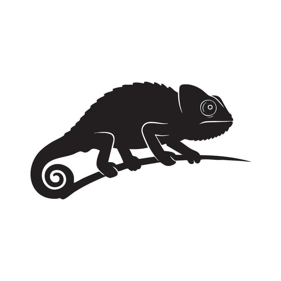 Black silhouette of a chameleon perched on a branch isolated on white background silhouette vector