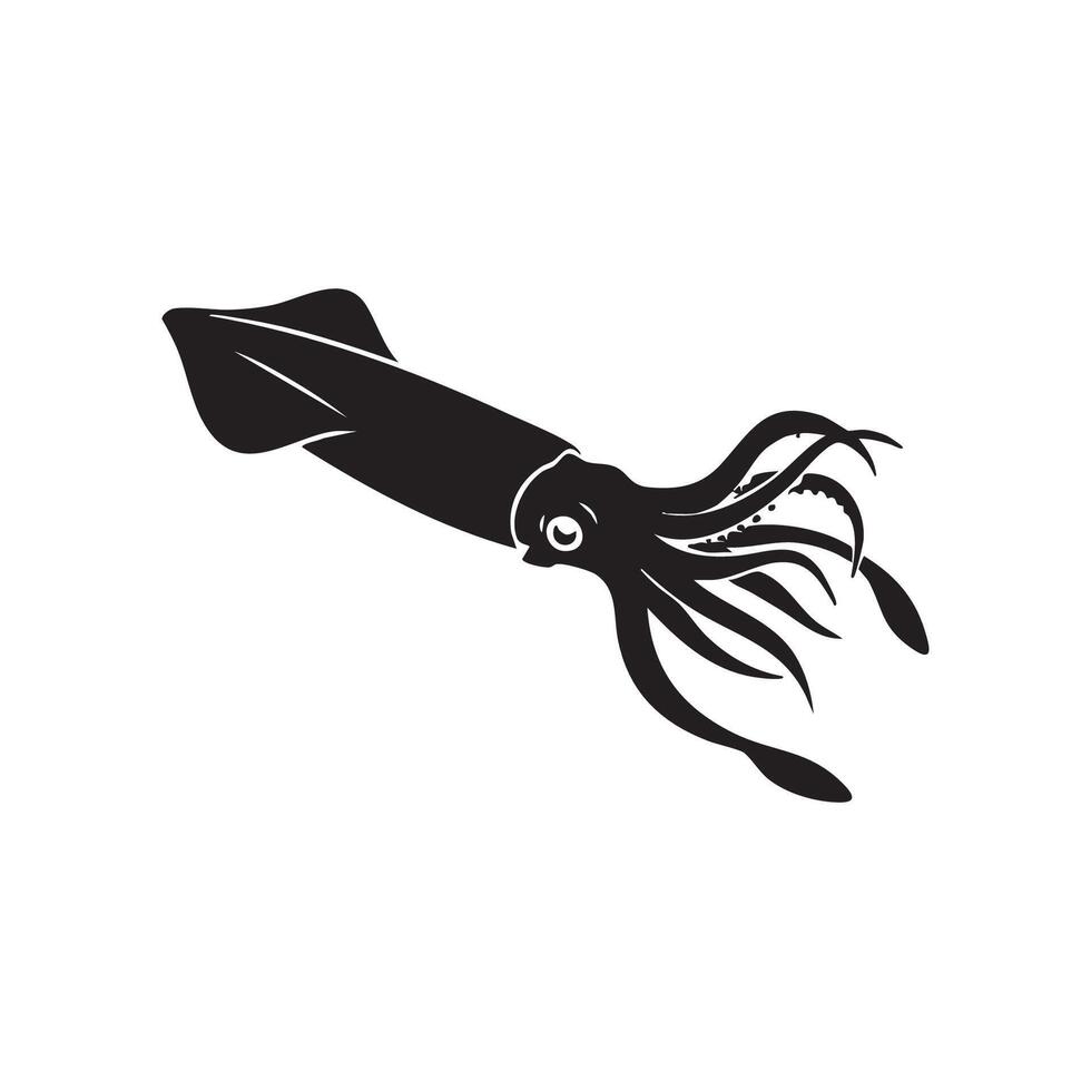 Elegant Squid Illustration in Black Silhouette Style on White Background silhouette vector