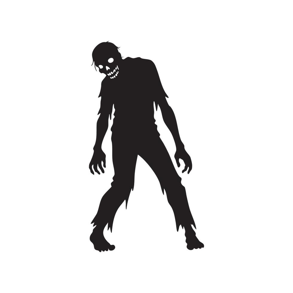 Creepy zombie silhouette with tattered clothes and glowing eyes isolated on white background silhouette vector