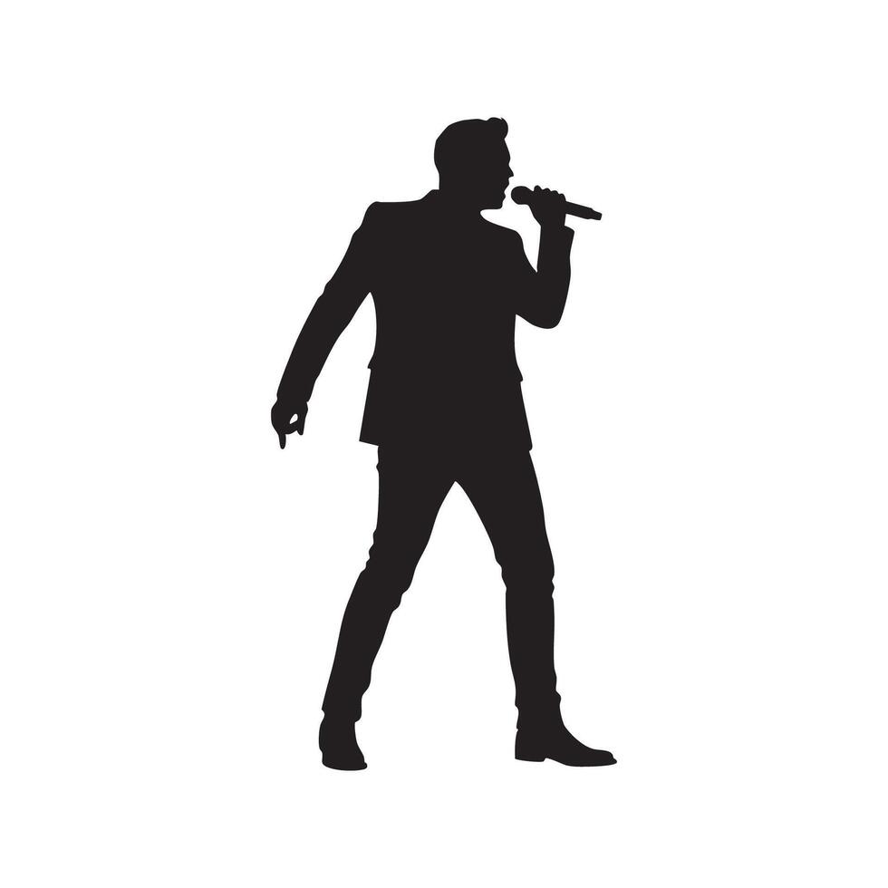 Man in suit singing into microphone silhouette isolated on white background vector
