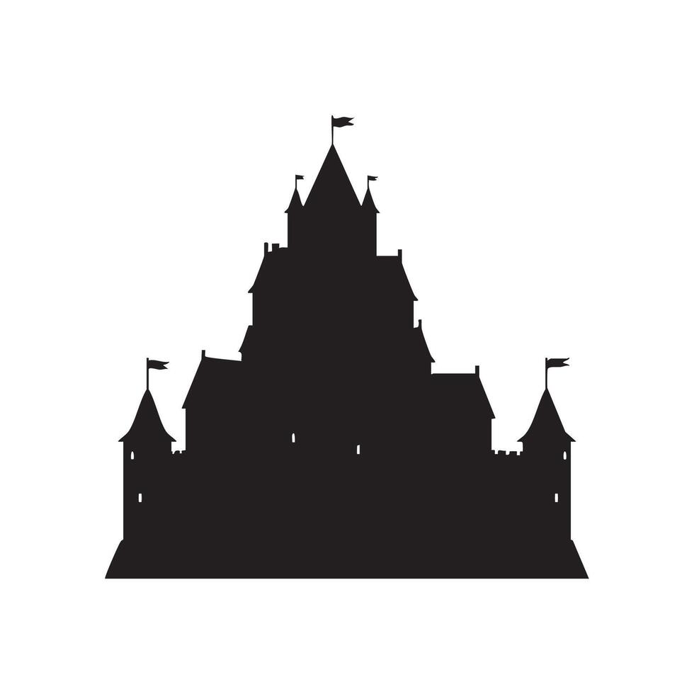Majestic Medieval Castle with Flags Silhouette on a White Background vector
