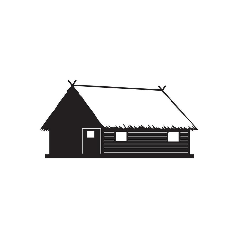 A black and white illustration of a house with a thatched roof vector