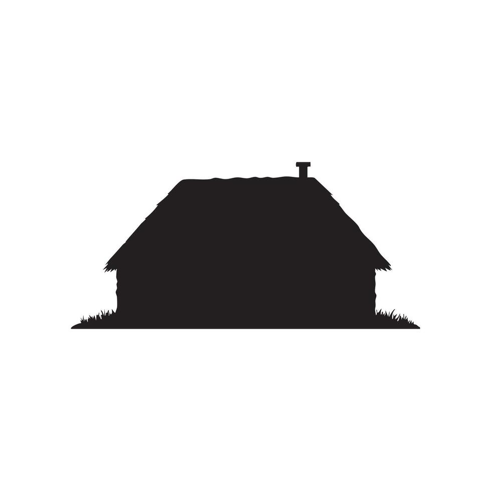 Rustic Cabin Silhouette with Thatched Roof and Chimney on White Background vector