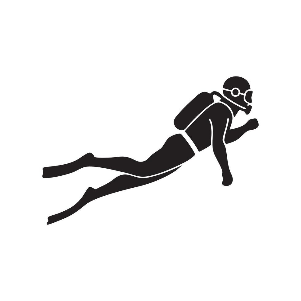 Scuba Diver Swimming Underwater in Black Silhouette This vector