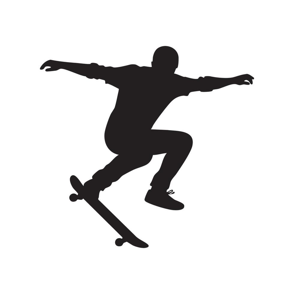 Skateboarder performing a trick in mid air silhouette isolated on white background vector
