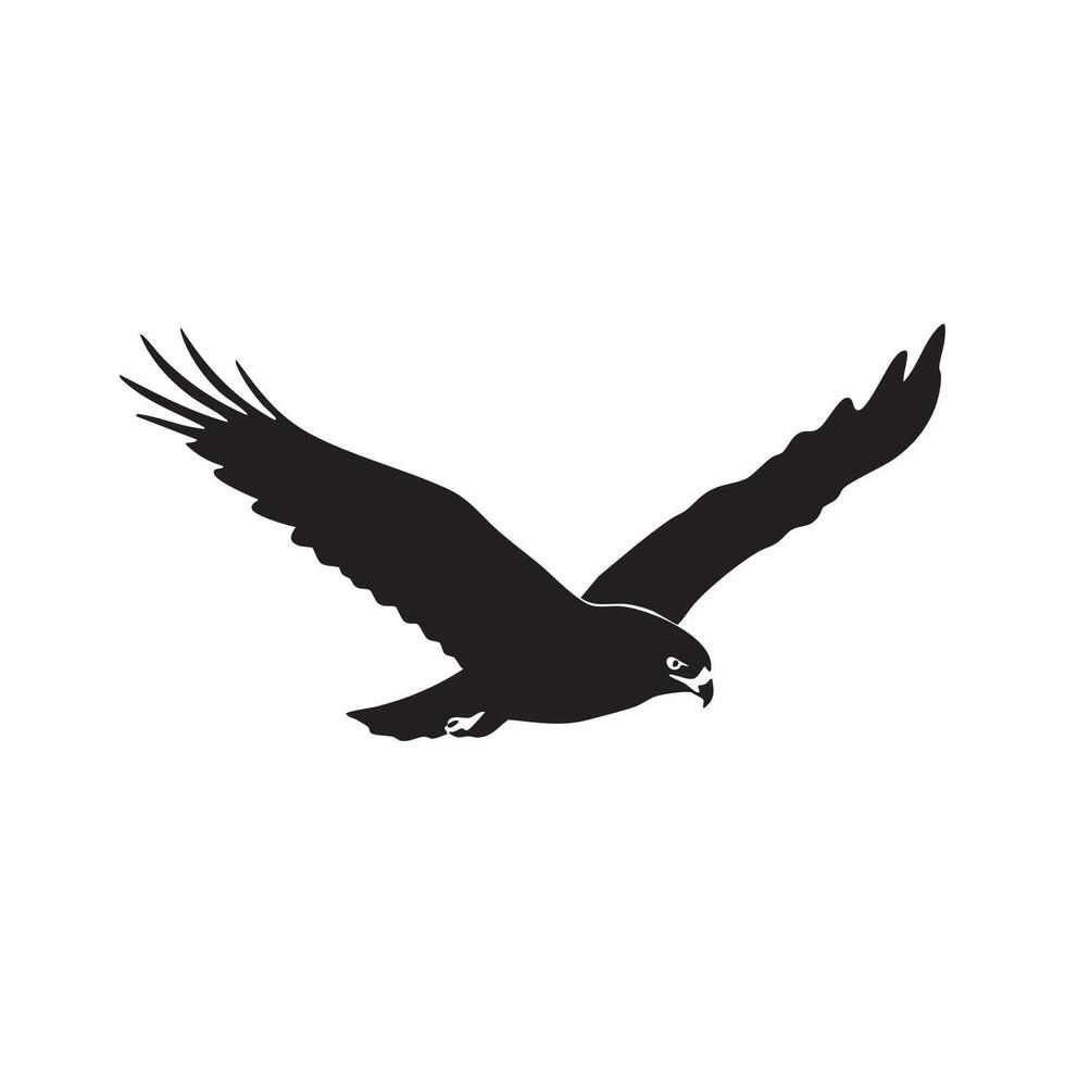 Black silhouette of a hawk in flight with wings spread wide isolated on white background silhouette vector