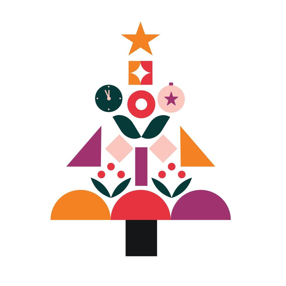 Christmas geometric pine tree of abstract bauhaus pattern, holiday banner. Christmas ornament of simple shapes with circle baubles mosaic and green geometric branches for web, mobile, post card vector