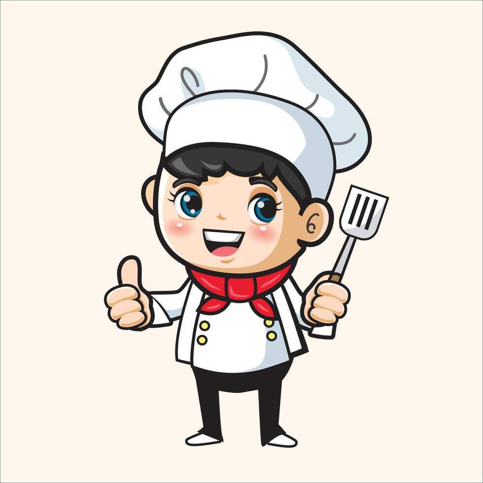 cartoon chef holding a fork and giving a thumbs up vector