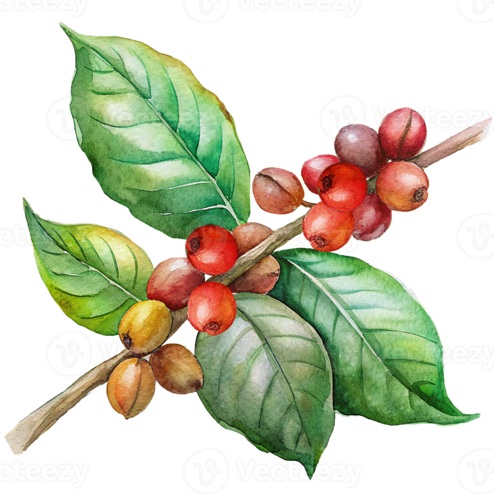 watercolor coffee beans on a branch with leaves and leaves png