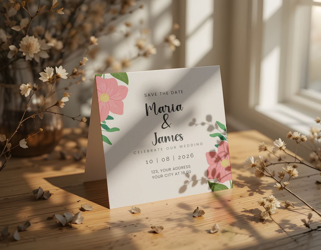 Wedding invitation with floral accents and elegant script on a rustic table psd