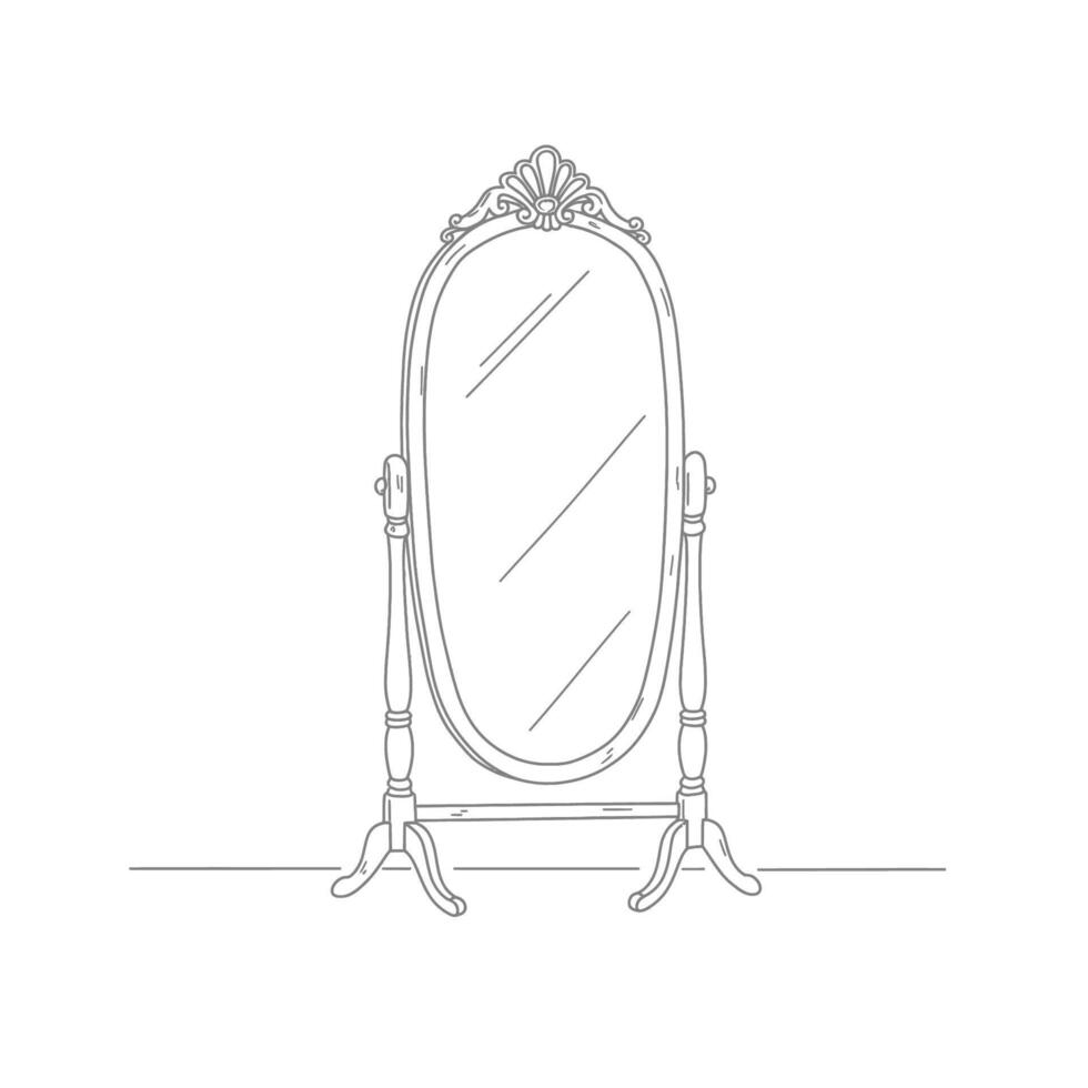 Big standing sketched mirror. Elegant standing mirror reflects a stylish room setting beautifully. Interior design concept. vector