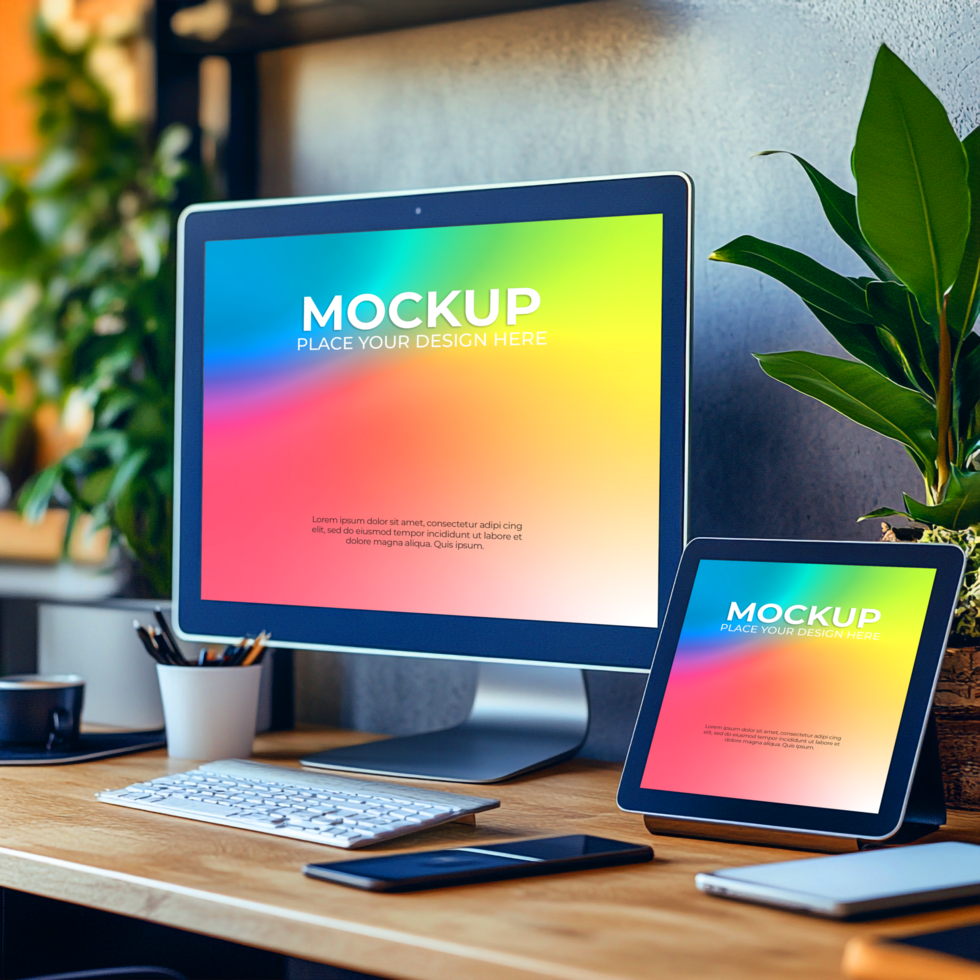 Vibrant Mockup Desktop Tablet on Modern Workspace psd