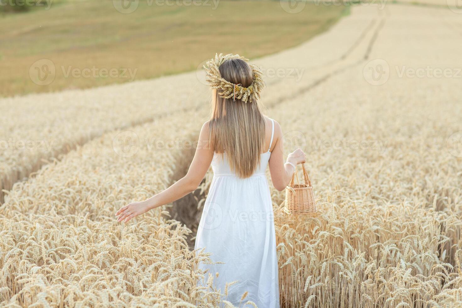 Portrait of a beautiful young woman in white dress on wheat field in Moldova photo