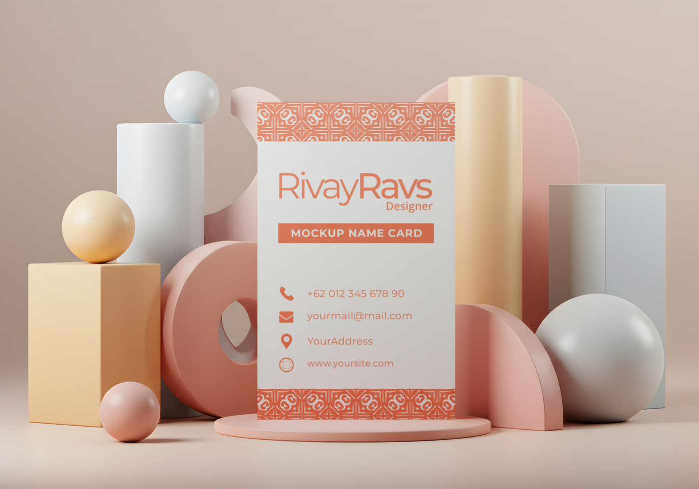A mockup of a stylish name card for RivayRavs Designer psd