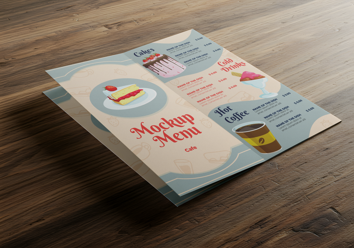 A mockup menu showcasing cakes cold drinks and hot coffee psd
