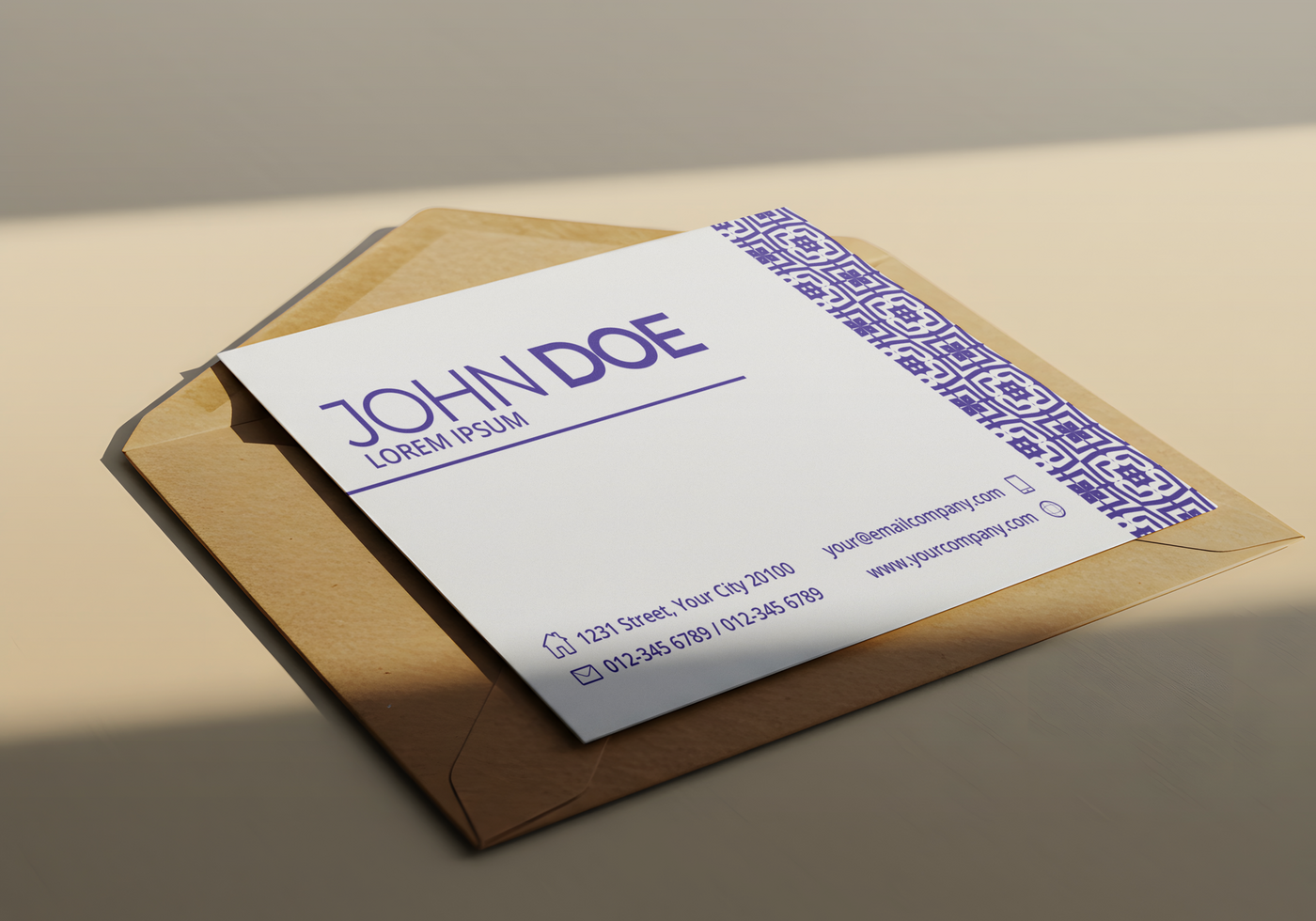 A business card for John Doe Lorem Ipsum rests in a brown envelope psd