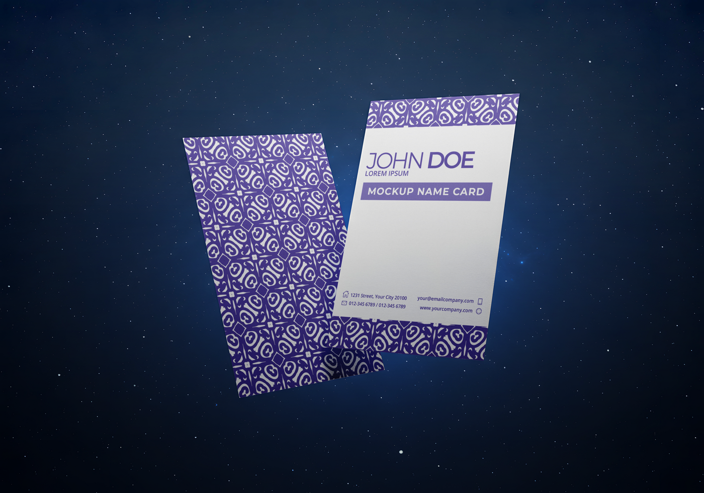 A mockup of John Doe s name card featuring a purple patterned design floats against a starry night sky psd