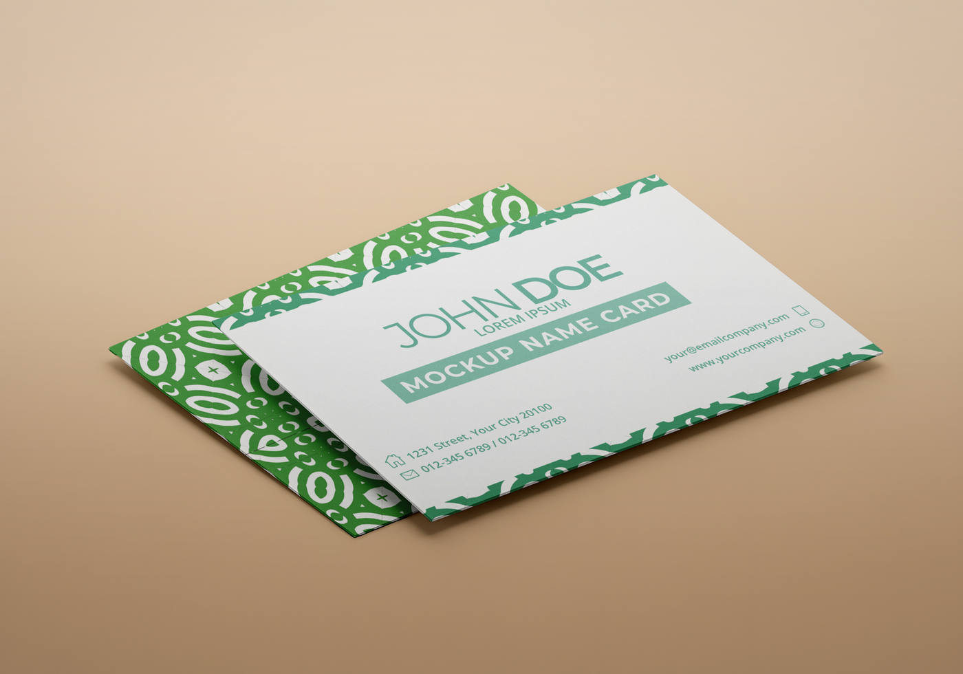 A mockup of John Doe s name card with a green patterned background psd