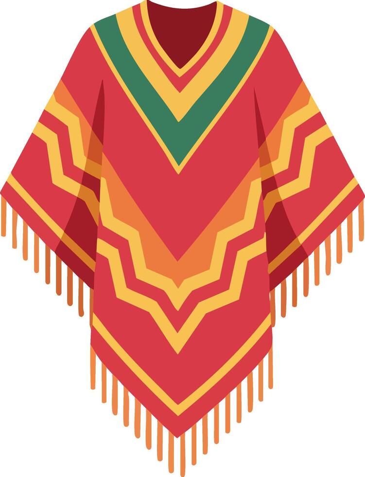 Poncho traditional colorful textile garment with fringes in red yellow green shades illustration vector