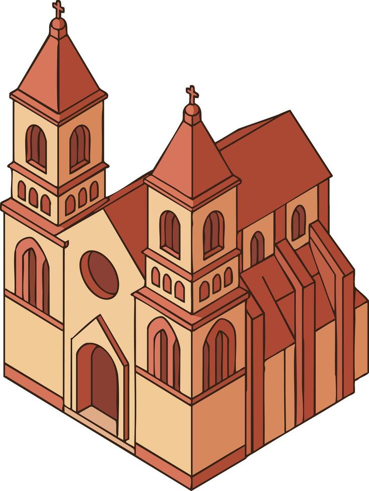 Gothic style church building with two towers and red roof architectural design in isometric view vector