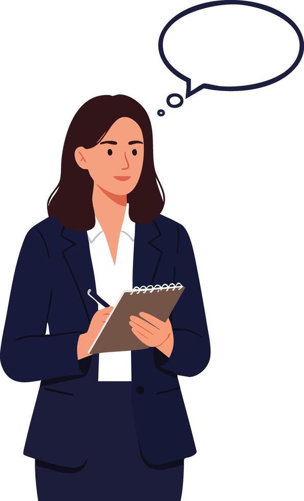 Businesswoman writing notes with speech bubble for communication and ideas in professional setting illustration vector
