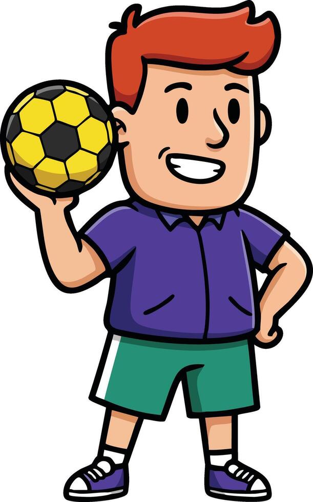 Boy holding yellow and black soccer ball cartoon character playing football outdoors in casual clothes vector