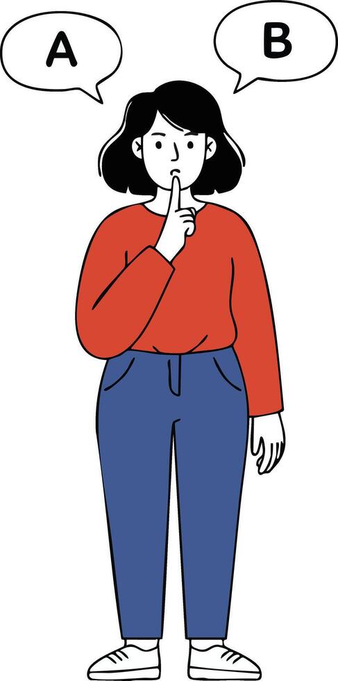 Woman with finger on lips choosing between option A and B in red shirt and blue pants illustration vector