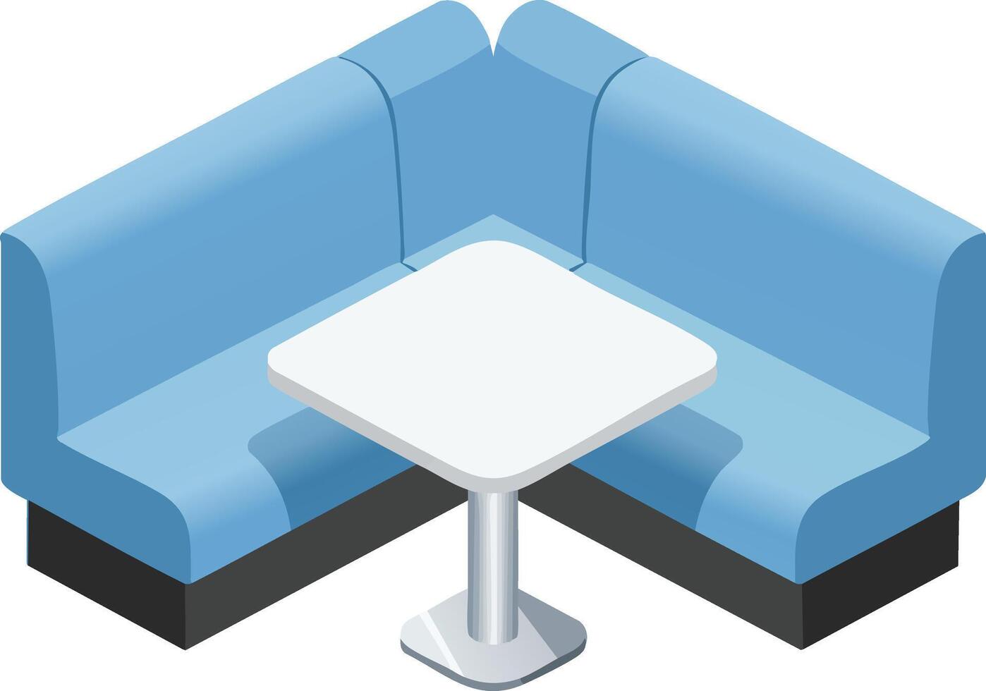 Blue corner booth seating with white square table modern restaurant furniture illustration vector