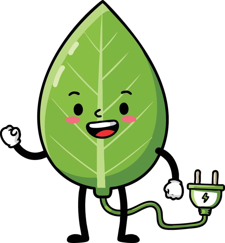 Green leaf character holding electric plug eco friendly energy concept illustration cheerful happy design vector