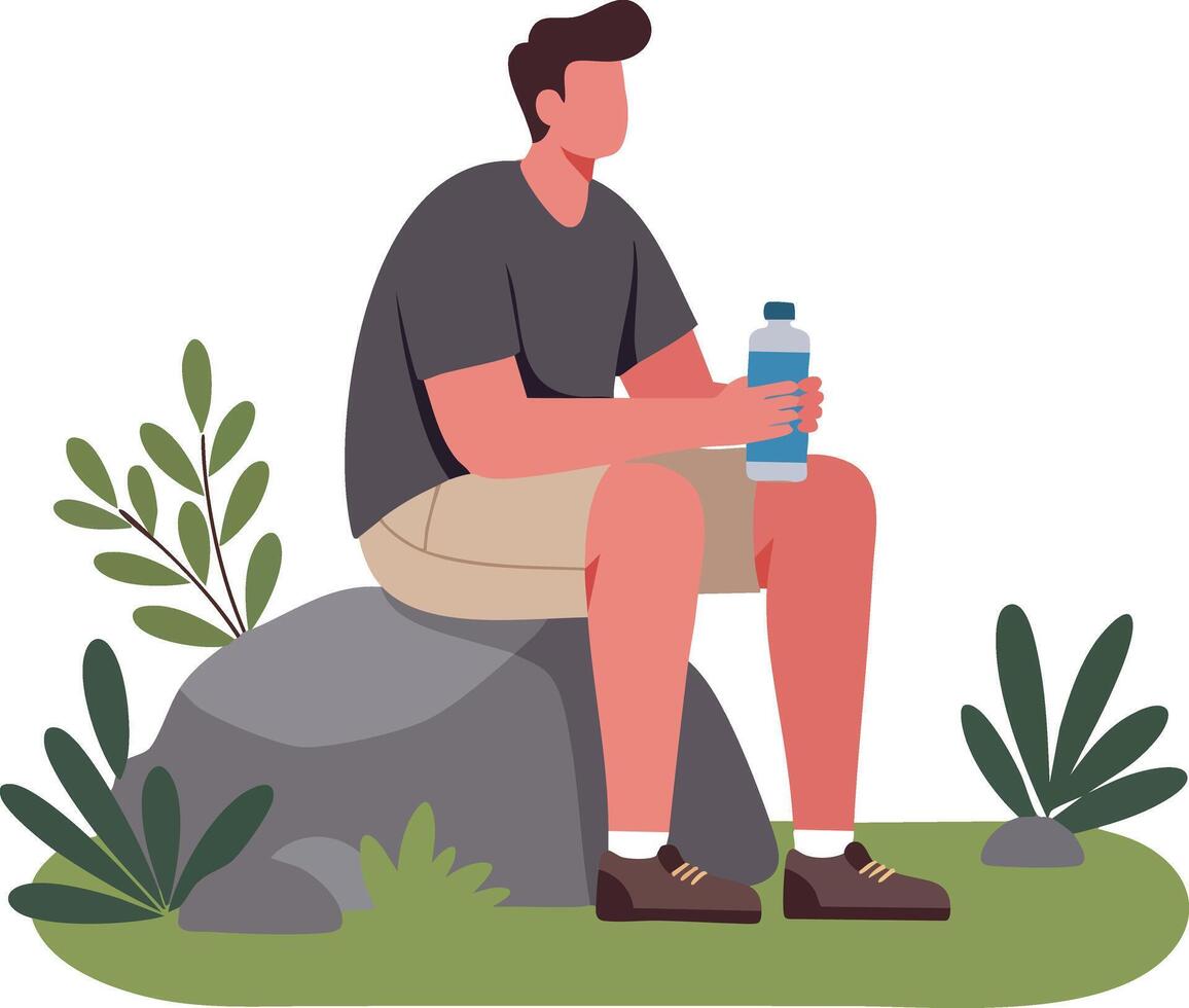 Man sitting on rock holding water bottle surrounded by green plants outdoor resting illustration vector