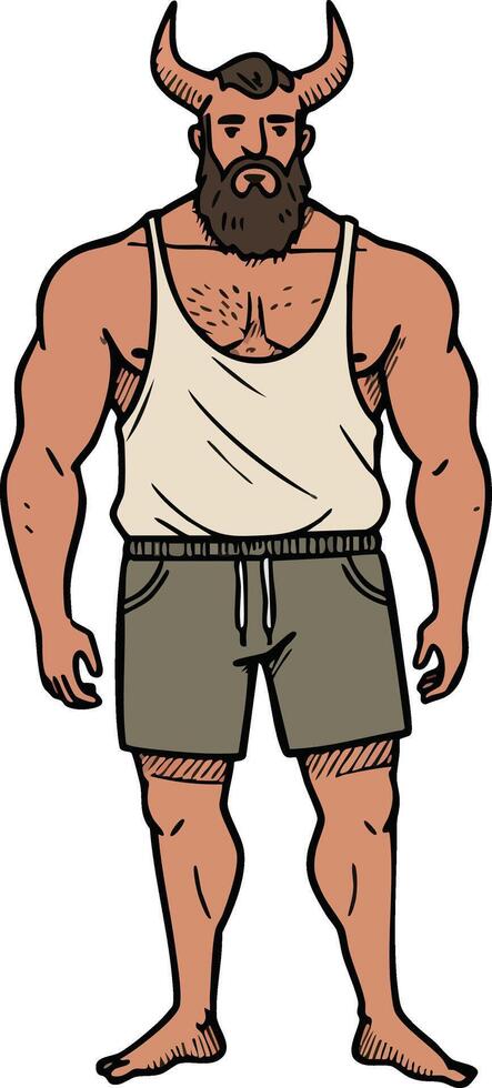 Muscular man with bull horns standing confidently in casual outfit illustration vector