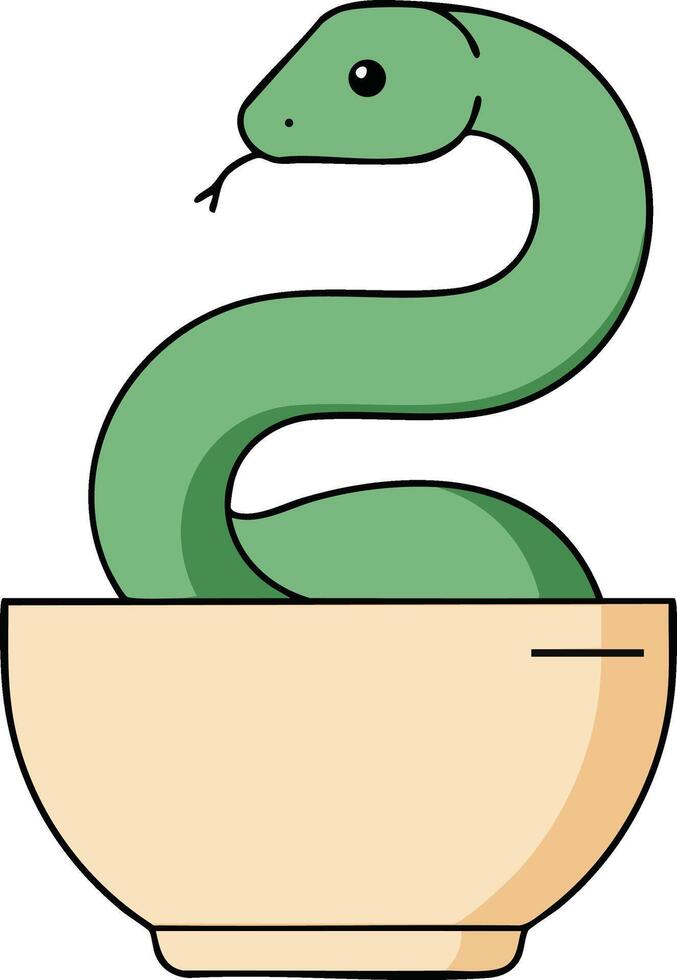 Green snake emerging from beige bowl simple design animal illustration on white background vector