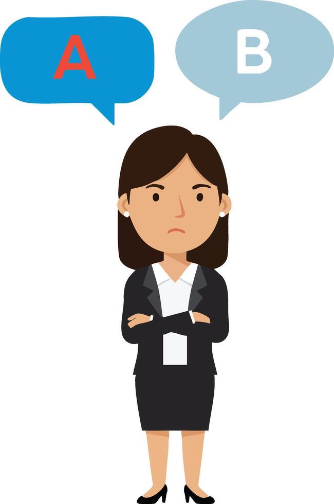 Businesswoman standing with crossed arms and decision making speech bubbles A and B illustration vector