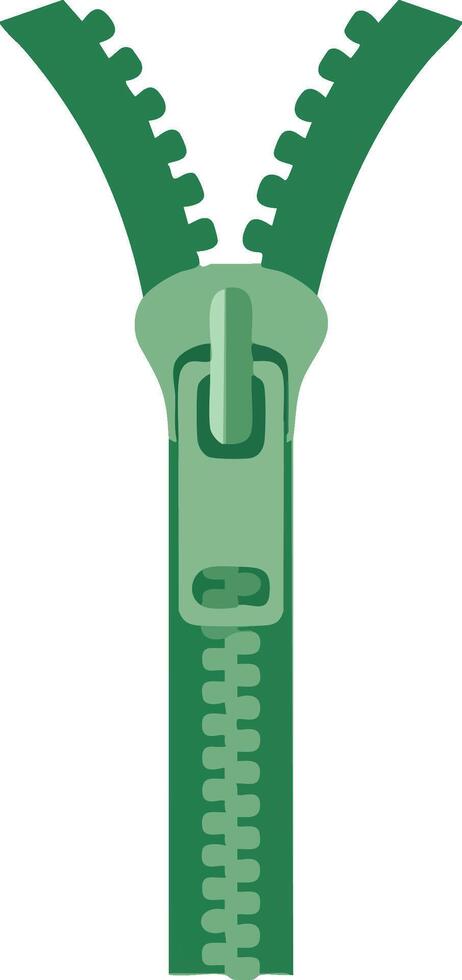 Green zipper illustration with open teeth and slider in simple style for design projects and fashion elements vector