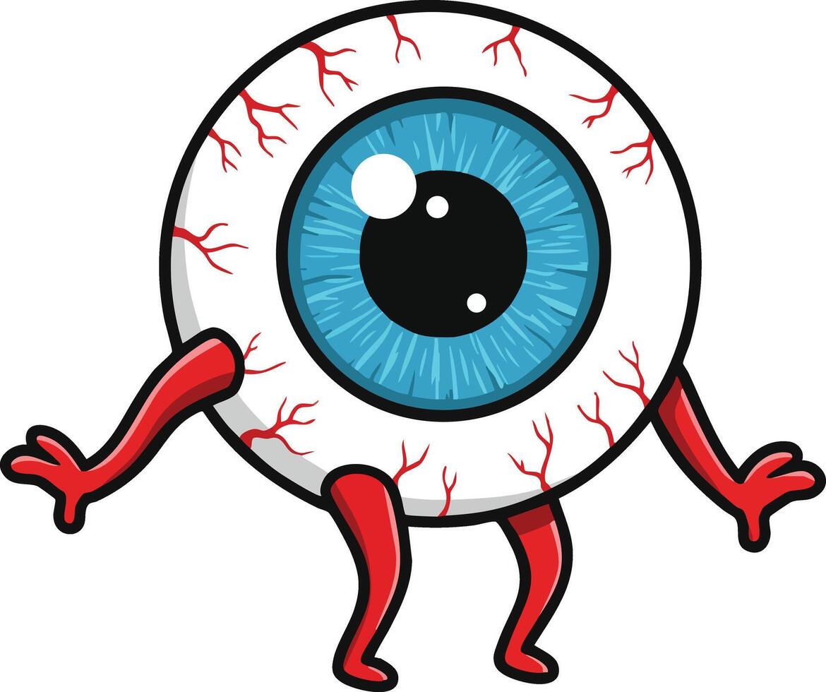 Eyeball character with blue iris red veins and limbs cartoon style illustration vector