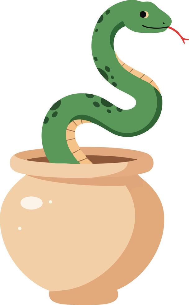 Green snake curling out of beige clay pot design illustration vector