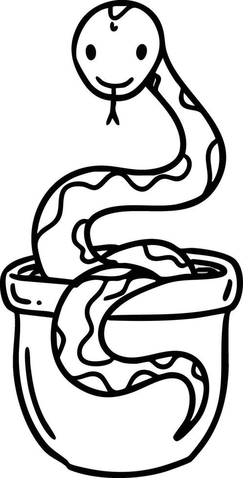 Snake emerging from small pot simple black line art drawing illustration vector