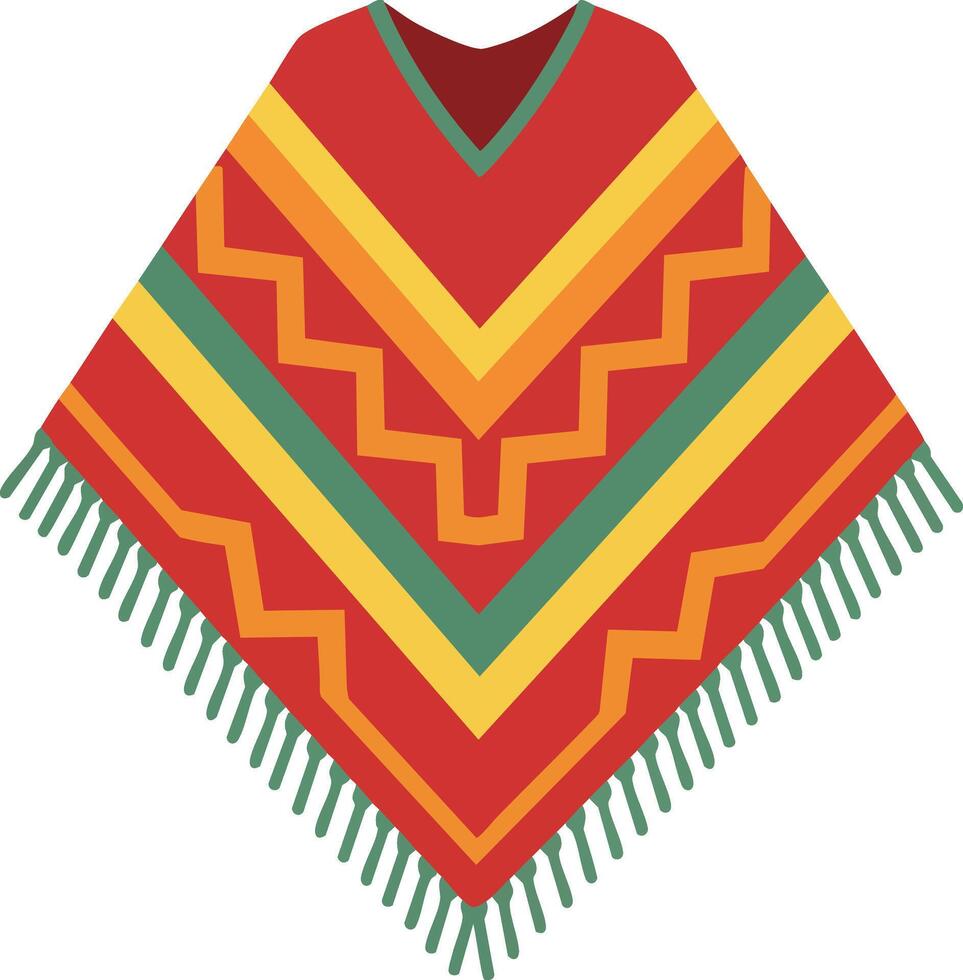Traditional colorful poncho with geometric patterns and fringes illustration for cultural and fashion designs vector