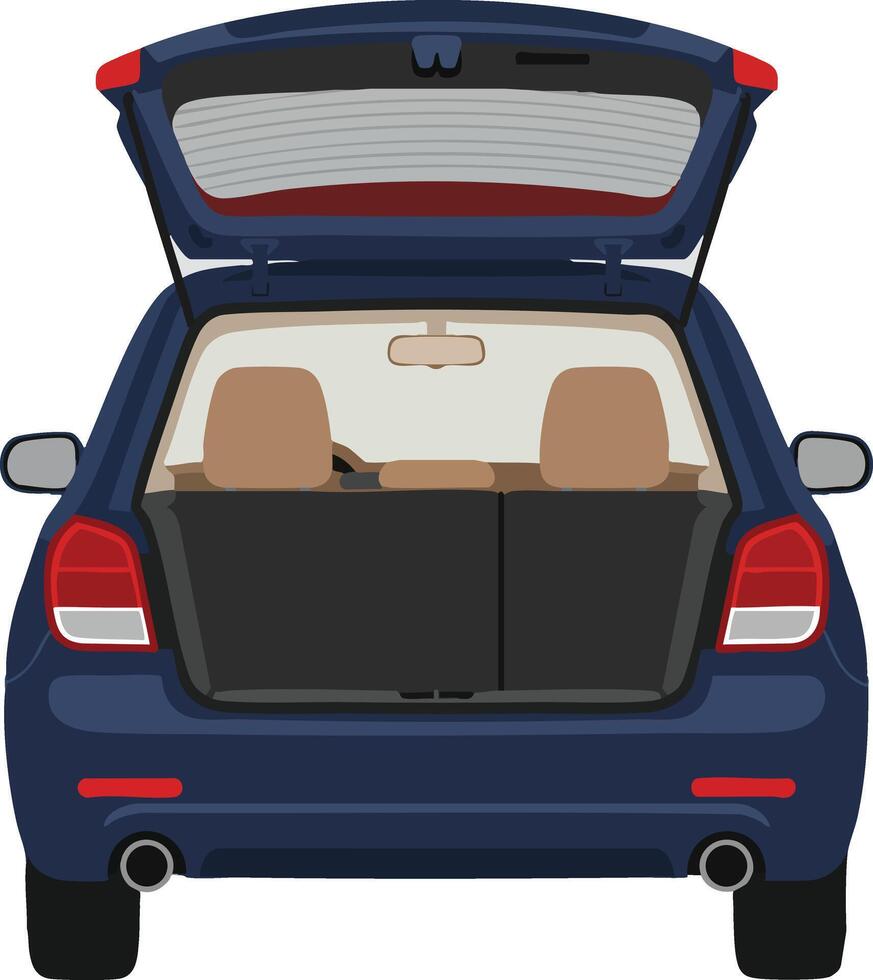 Blue hatchback car with open trunk showing interior and beige seats illustration vector