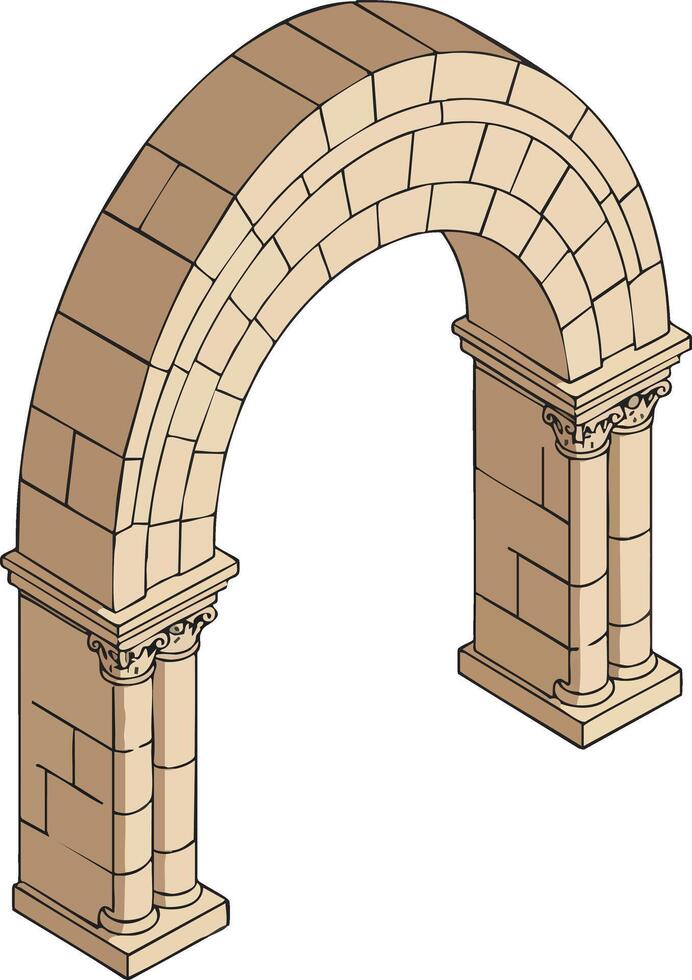 Stone Arch with Ornate Capitals and Architectural Details in Isometric Style Illustration for Design Projects vector